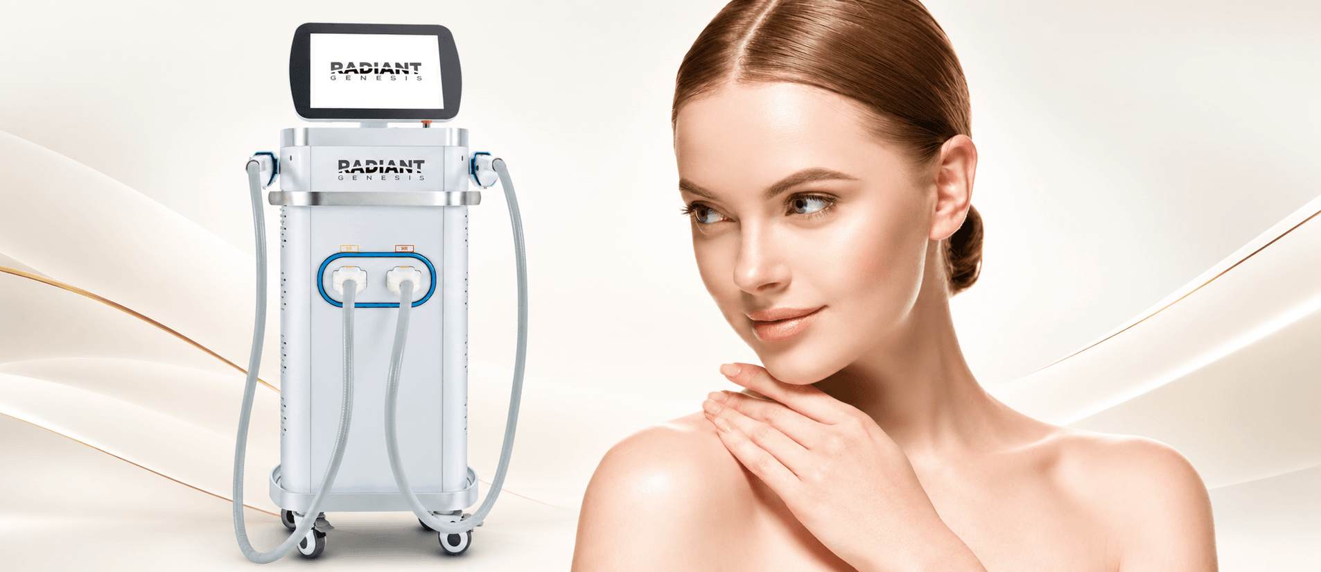 Radiant Genesis DPL device beside a model with smooth, radiant skin